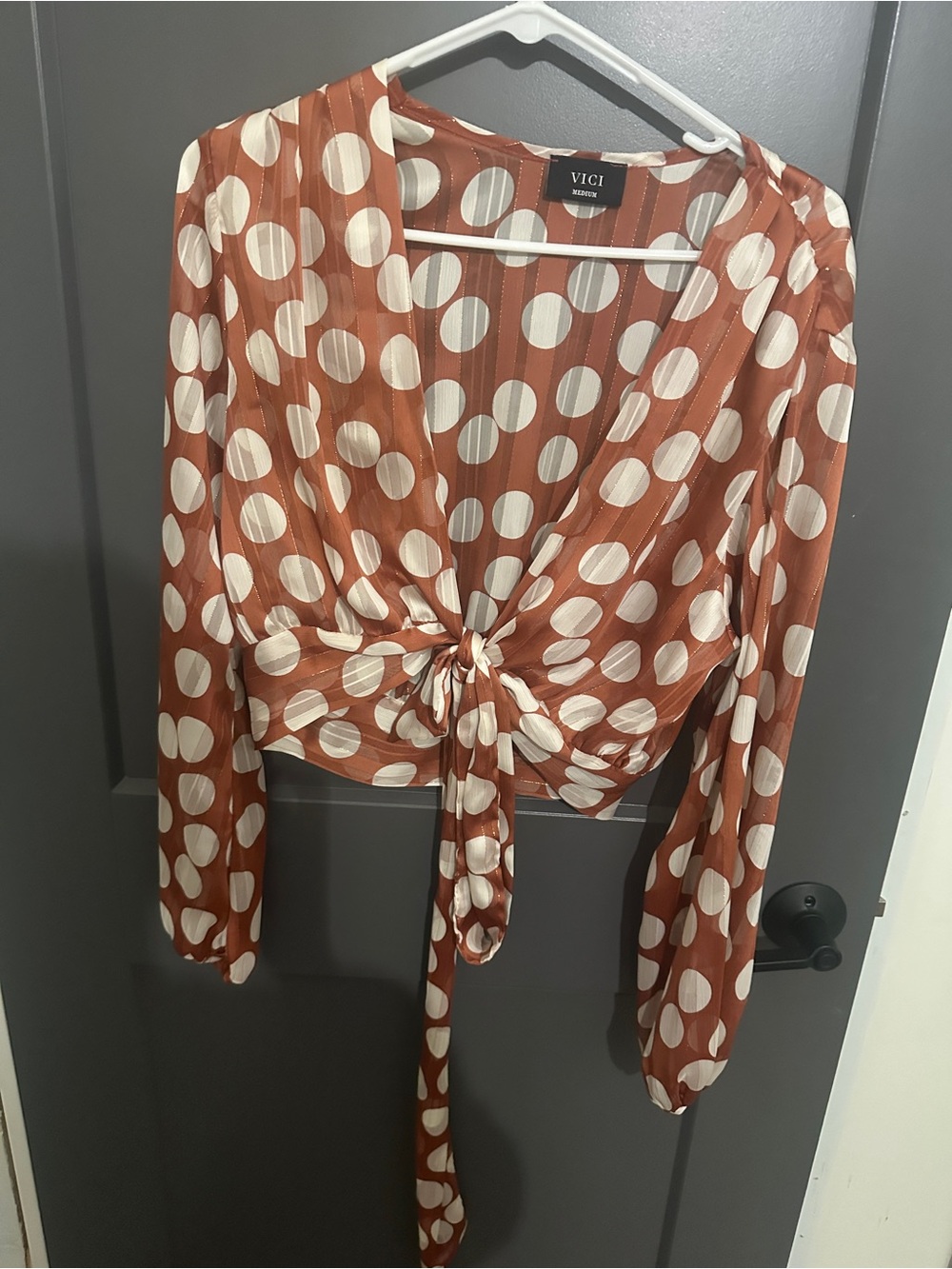 VICI Rust and White Polka Dot Tie-Front Blouse